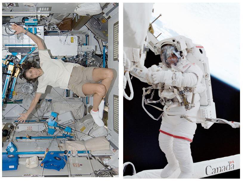 Astronauts wearing street clothes inside the space station (left) versus suits and gloves on spacewalks (right). 