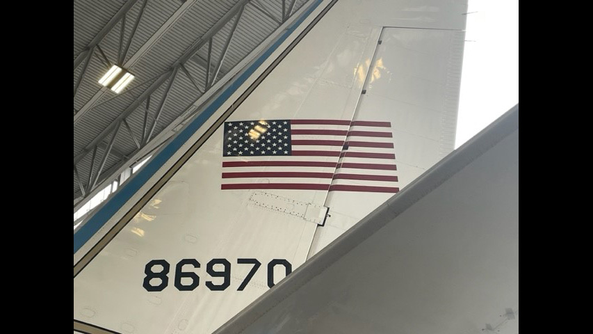 American flag on the tail of retired Air Force One at the Museum of Flight.