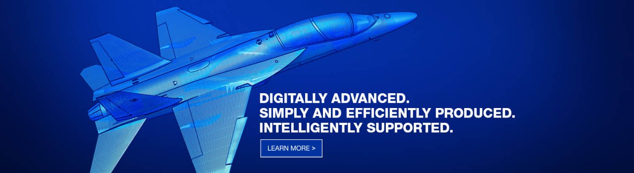 Rendering of a fighter jet on a blue background with call out text for Digital Acceleration